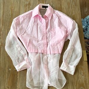 Zara Light Pink Sheer Panel Button-Up Shirt - size Small